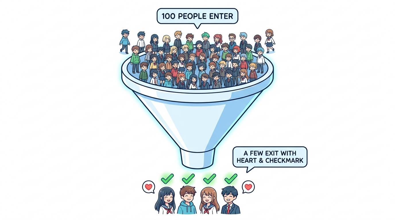 Anime style funnel showing 100 visitors and few conversions – what is conversion rate optimization
