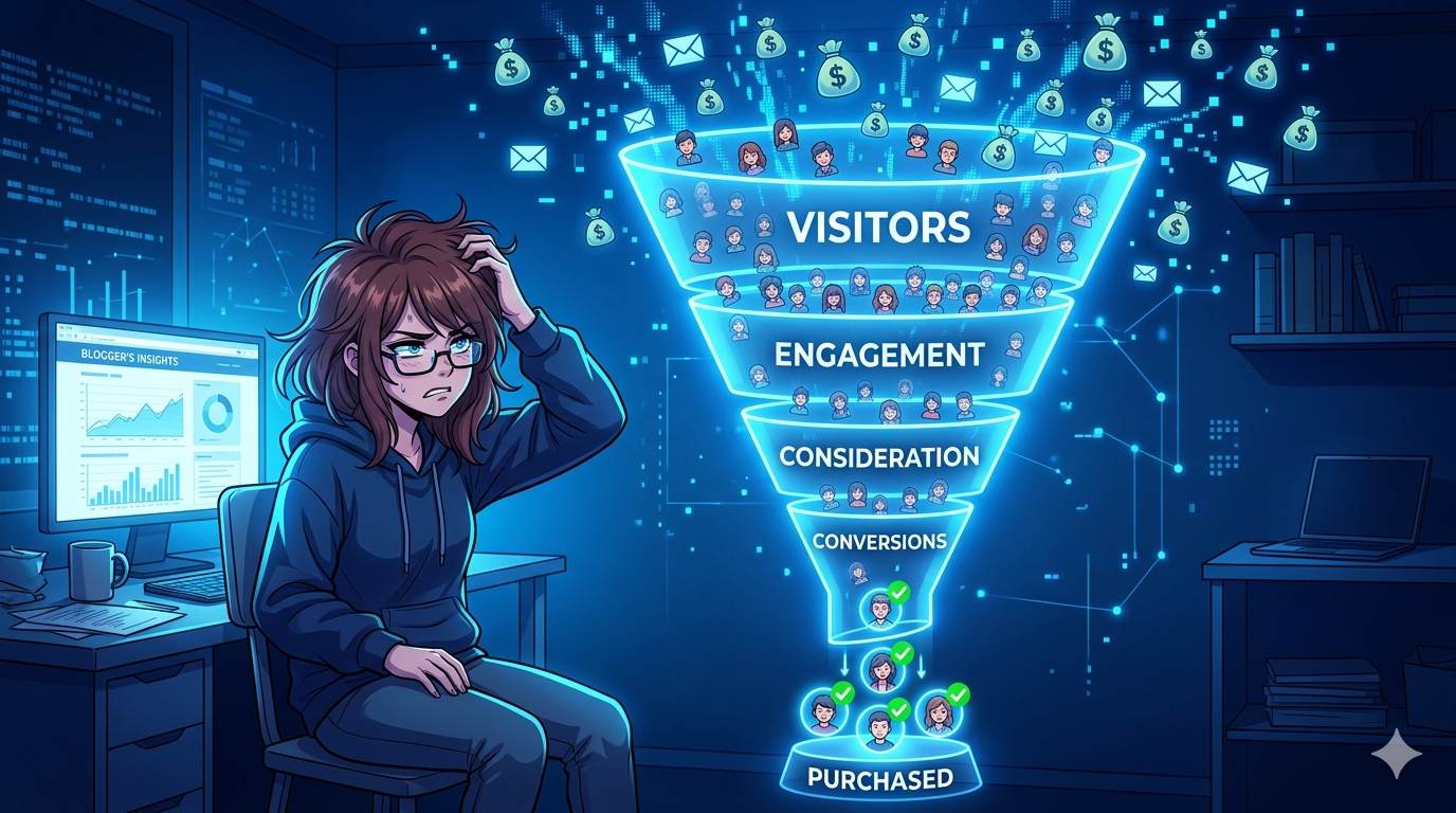 Anime style frustrated blogger watching visitors leave without converting – conversion rate optimization needed