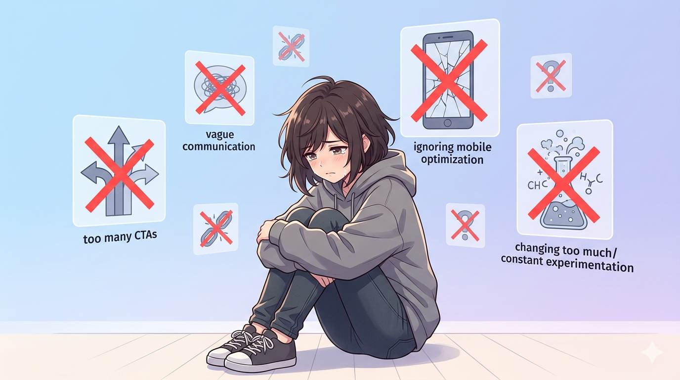 Anime style common CRO mistakes – too many CTAs, vague copy, ignoring mobile, changing too much at once