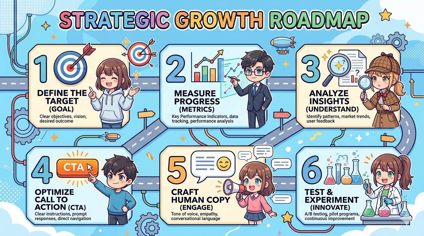 Anime style 6 steps to start conversion rate optimization – goal, measure, analyze, CTA, human copy, test