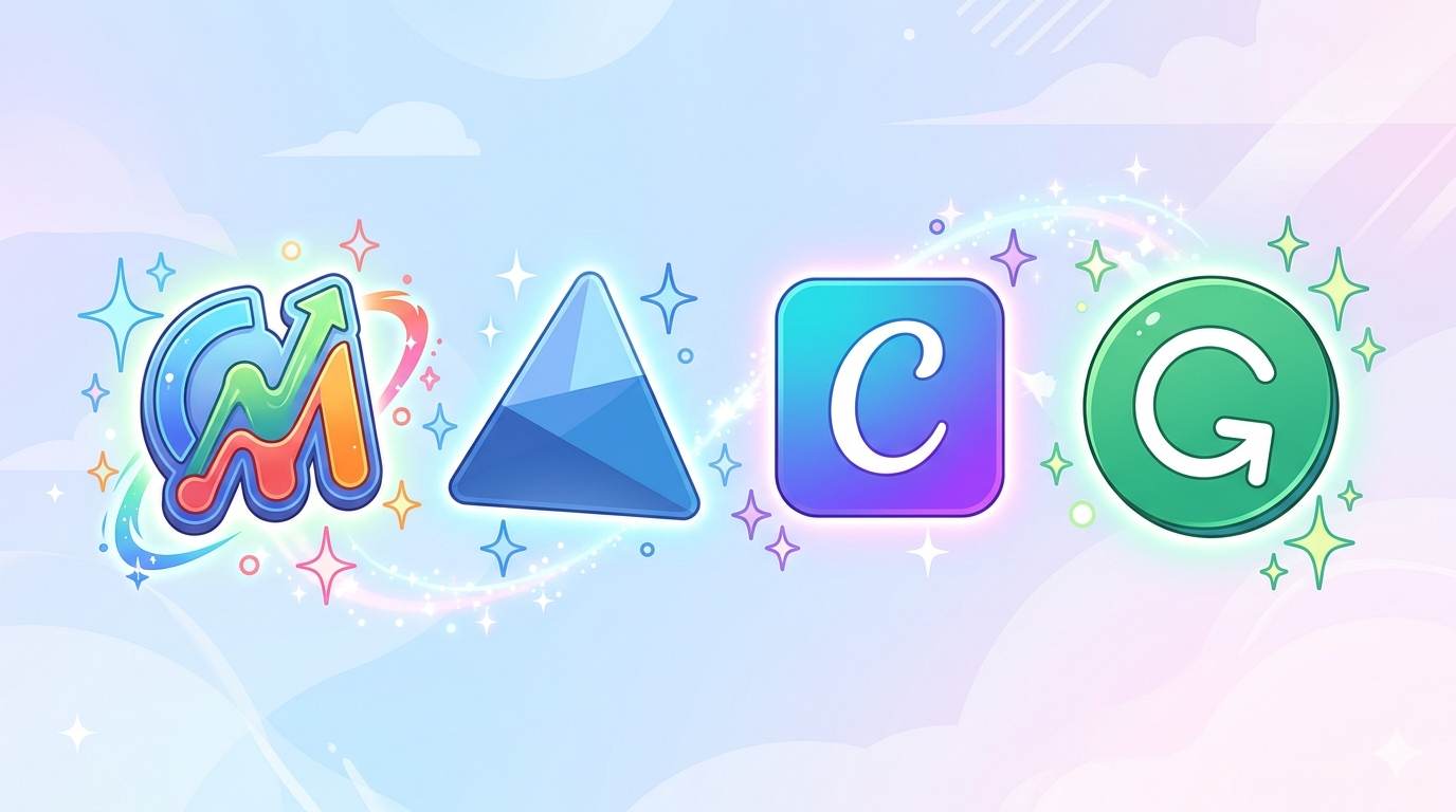Anime style icons of free CRO tools – Google Analytics, Microsoft Clarity, Canva, Grammarly