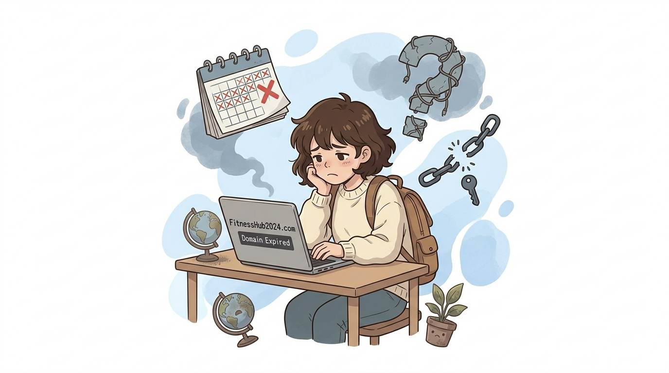 Anime style sad blogger looking at outdated domain name with year – domain name regret