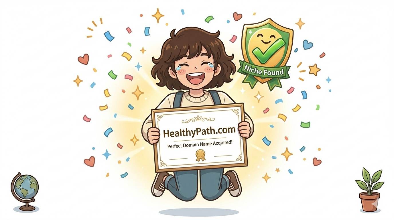 Anime happy blogger celebrating with perfect domain name certificate – success after choosing the right domain