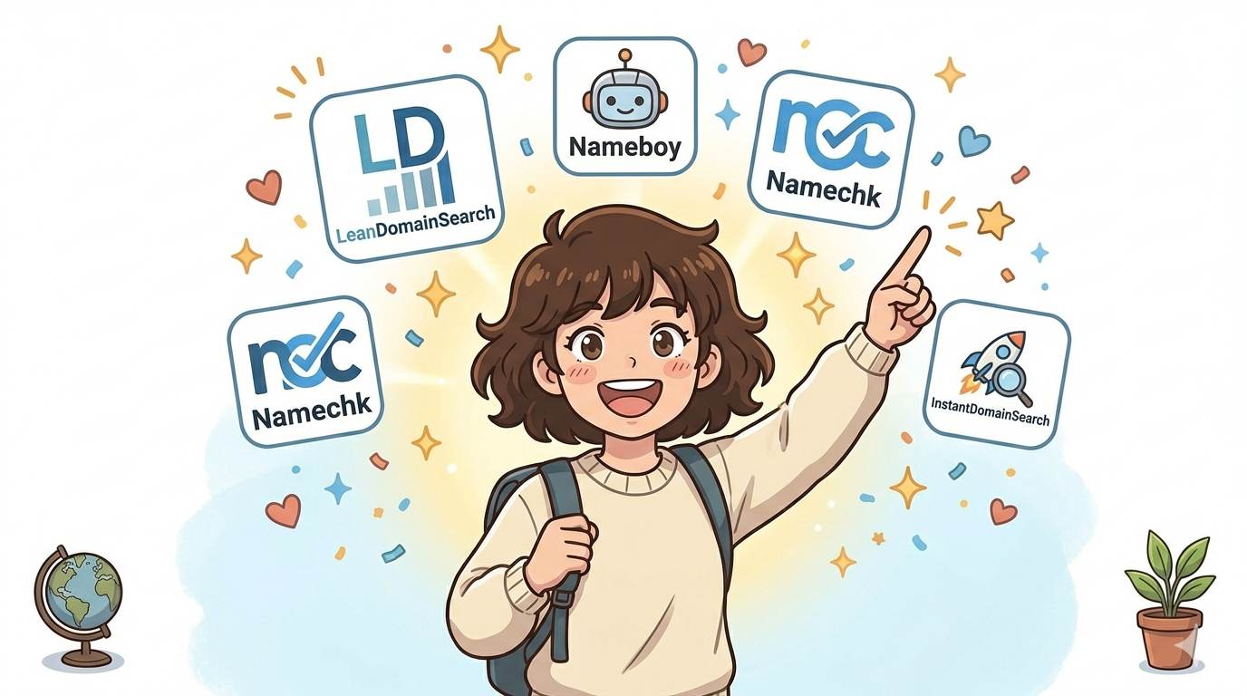 Anime style tech character pointing at free domain name generator tools – helpful resources