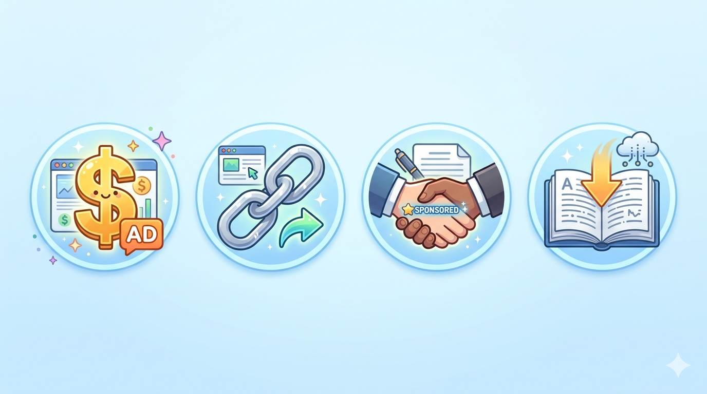 Anime style 4 icons – AdSense, affiliate marketing, sponsored posts, digital products – ways to earn from Blogger