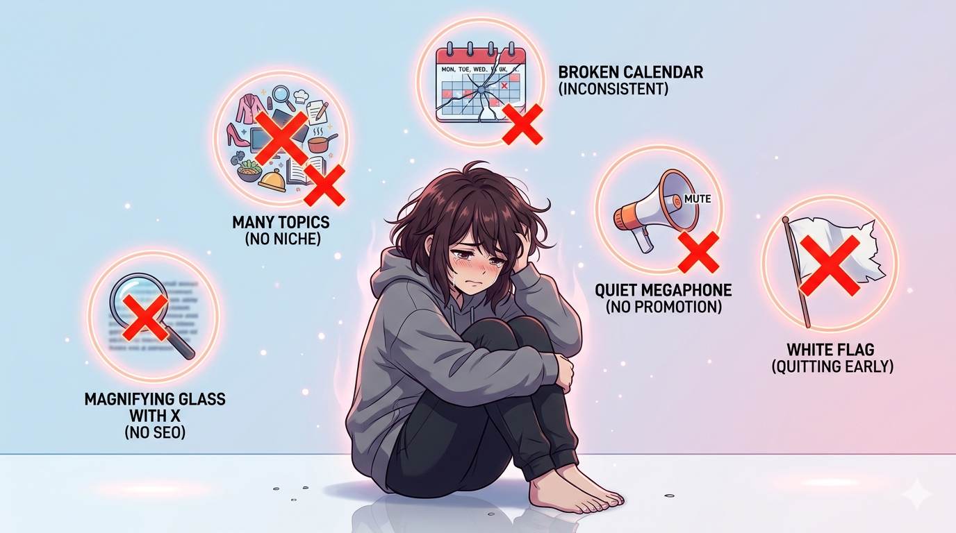 Anime style common mistakes – no niche, no SEO, inconsistent, no promotion, quitting early – earn from Blogger