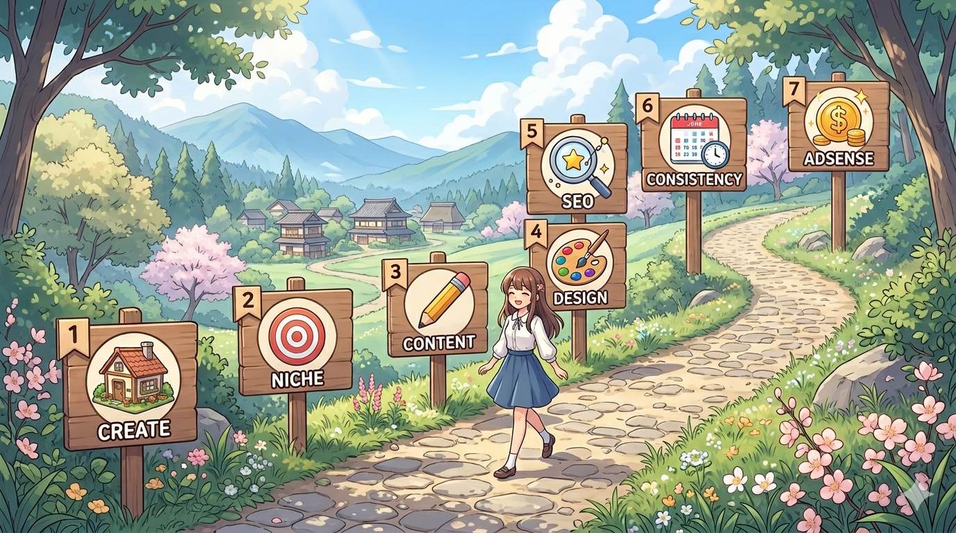 Anime style 7‑step roadmap to start earning from Blogger – create, niche, content, design, SEO, consistency, AdSense
