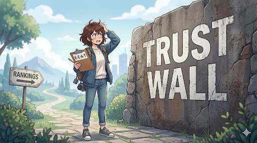 Anime style frustrated blogger blocked by a trust wall – E-E-A-T is the key to rankings