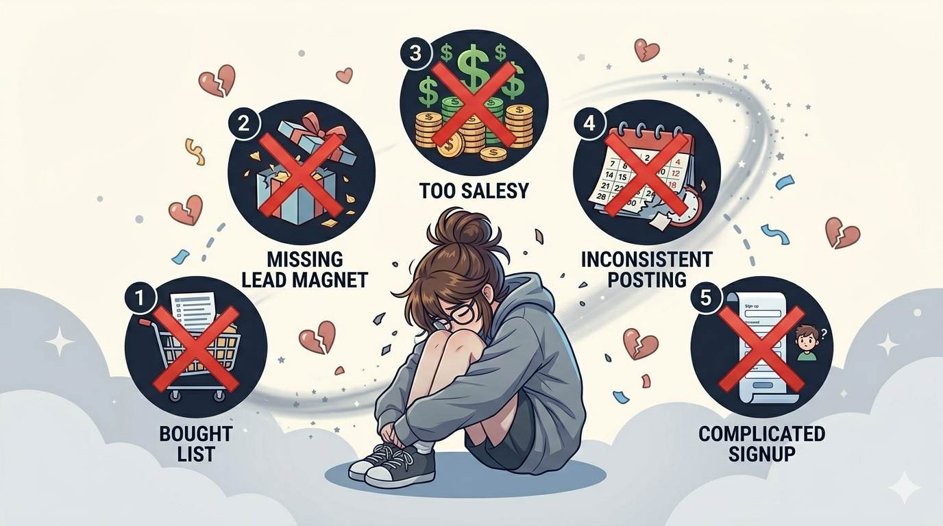 Anime style sad blogger with warning icons – common email list mistakes to avoid