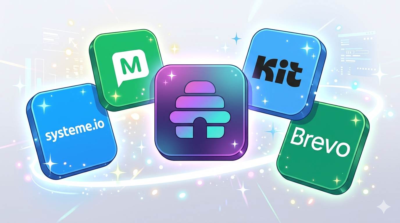 Anime style five free email tool icons – MailerLite, Systeme.io, Beehiiv, ConvertKit, Brevo