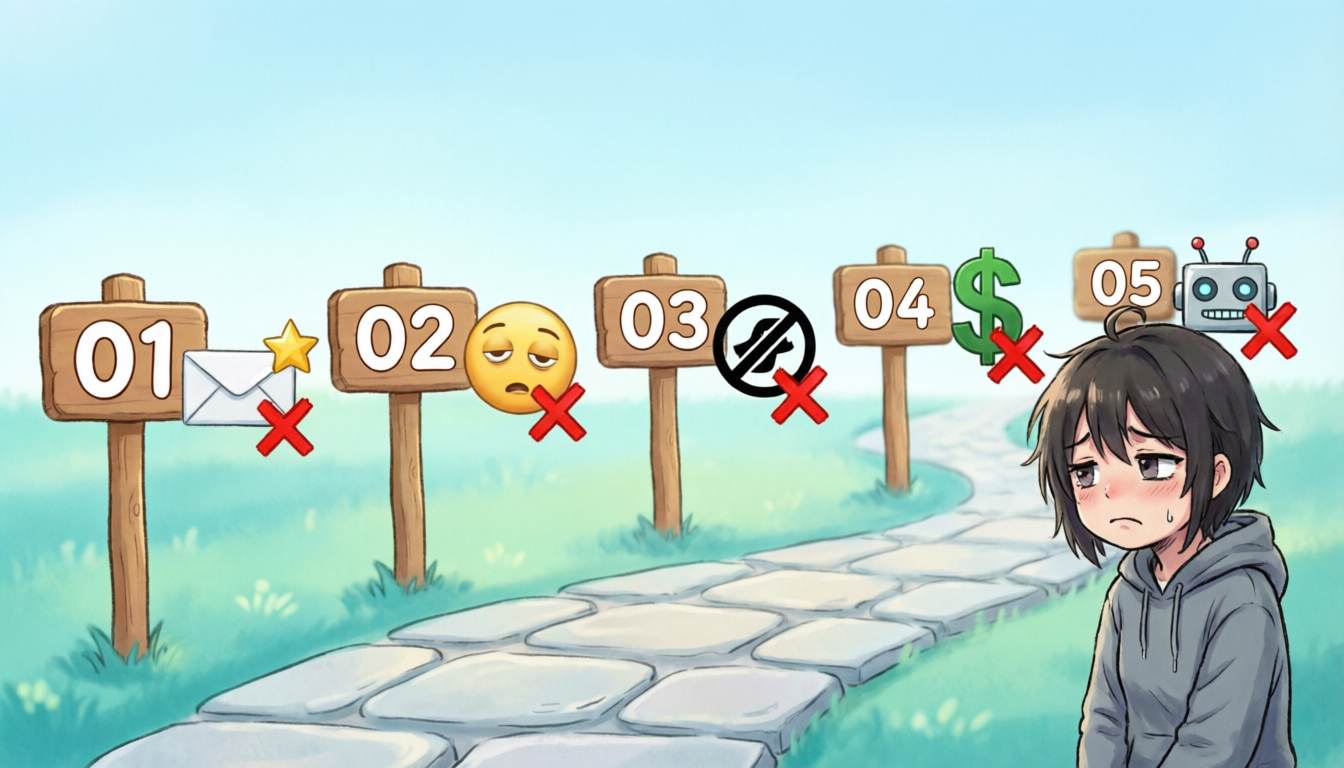 Anime style common email newsletter mistakes – too frequent, boring subjects, no unsubscribe, too salesy, robotic copy