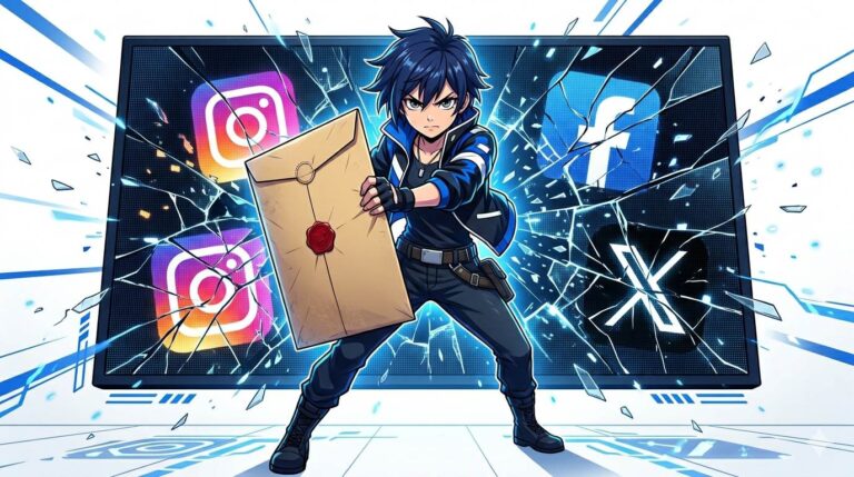 Anime style person holding envelope as shield against broken social media – email newsletter is your protection