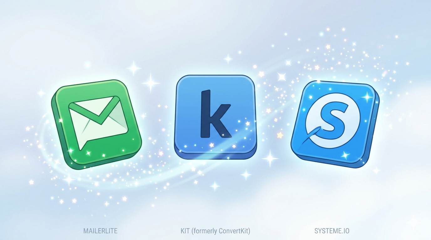 Anime style icons of free email tools – MailerLite, ConvertKit, Systeme.io
