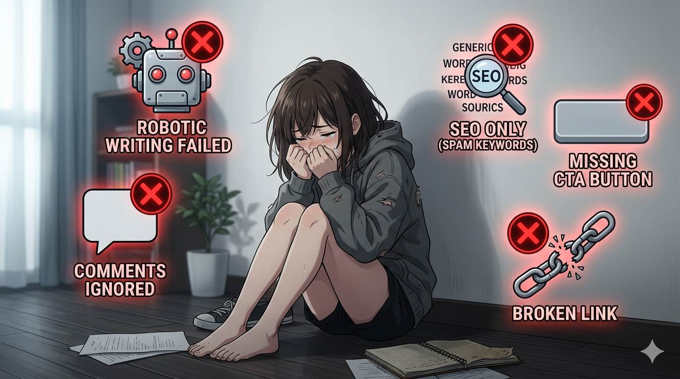 Anime style common engagement mistakes – robotic writing, ignoring comments, no CTA, broken links