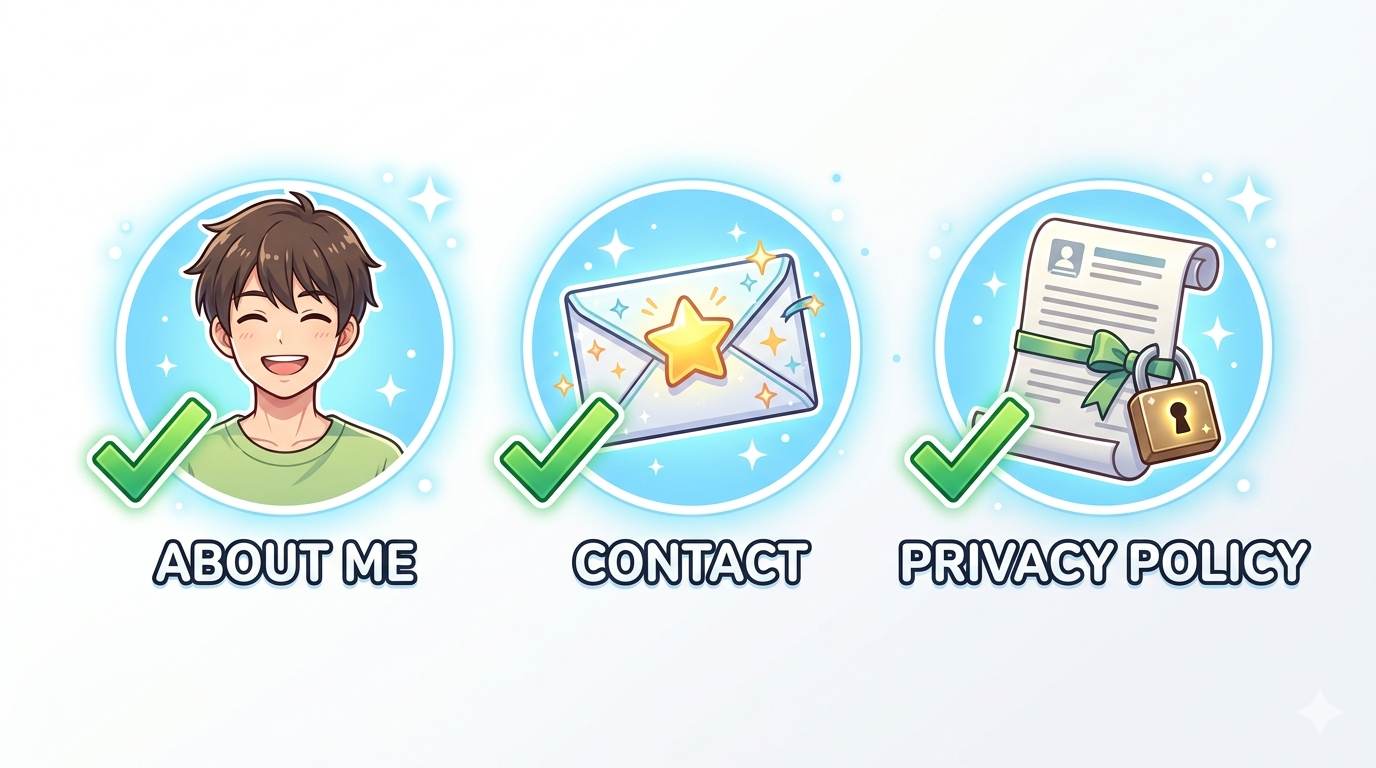 Anime style three essential pages – About Me, Contact, Privacy Policy for Blogger