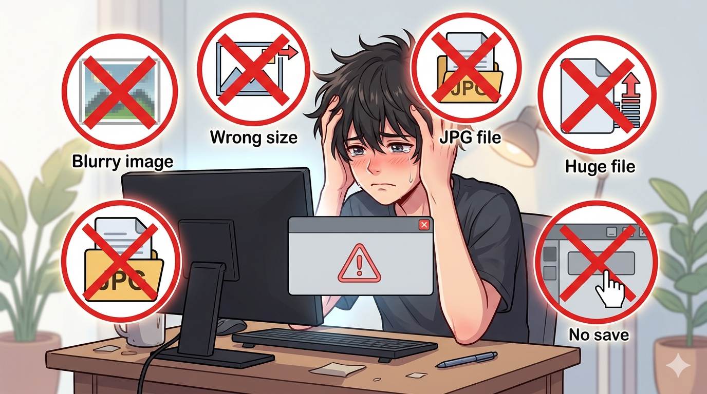 Anime style common favicon mistakes – blurry, wrong size, JPG, huge file, forgetting to save