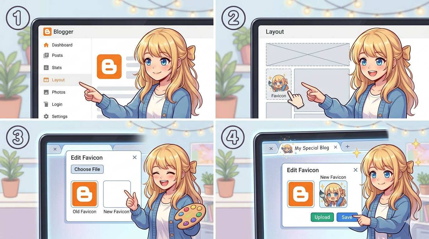 Anime style 4 steps to add favicon on Blogger – layout, edit, upload, save