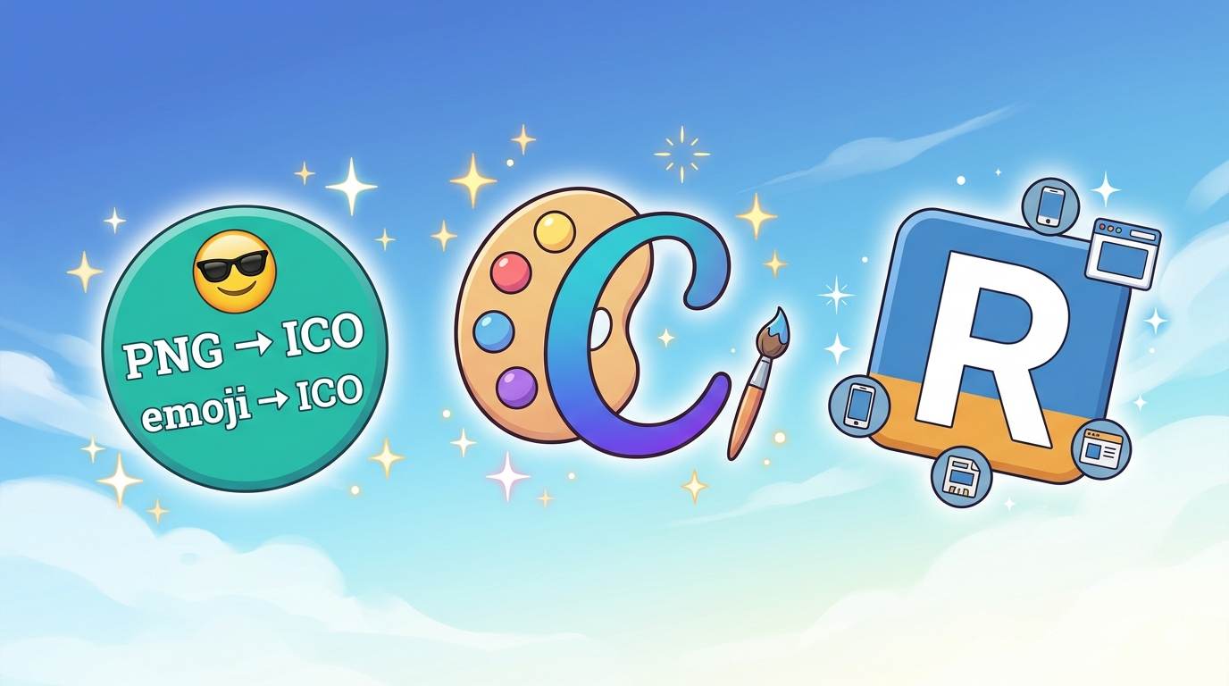 Anime style three tool icons – Canva, Favicon.io, RealFaviconGenerator – free favicon tools for Blogger