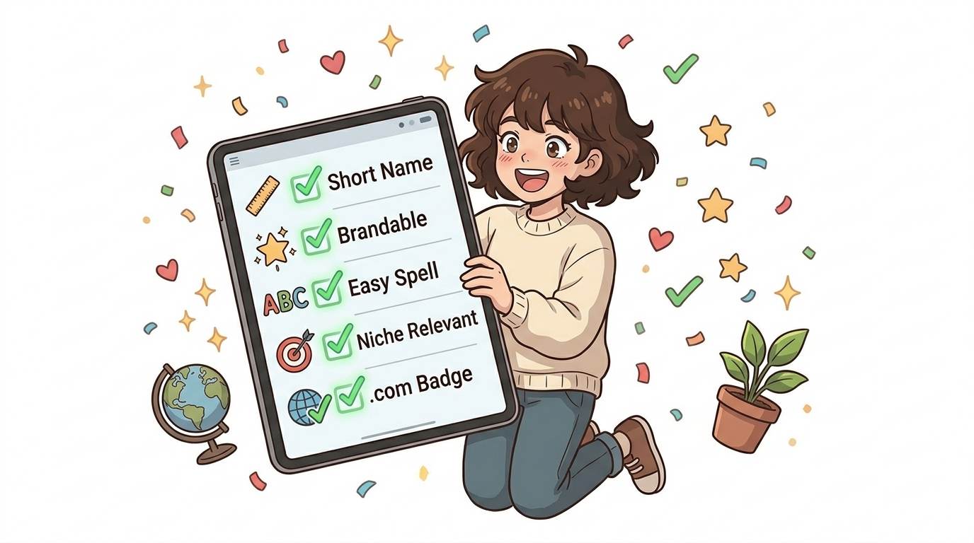 Anime style cheerful blogger with checklist of good domain features – what makes a great domain name