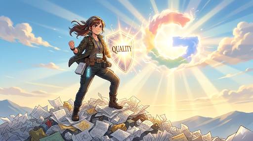 Anime style blogger with quality shield standing on low‑quality papers – high quality content vs low quality