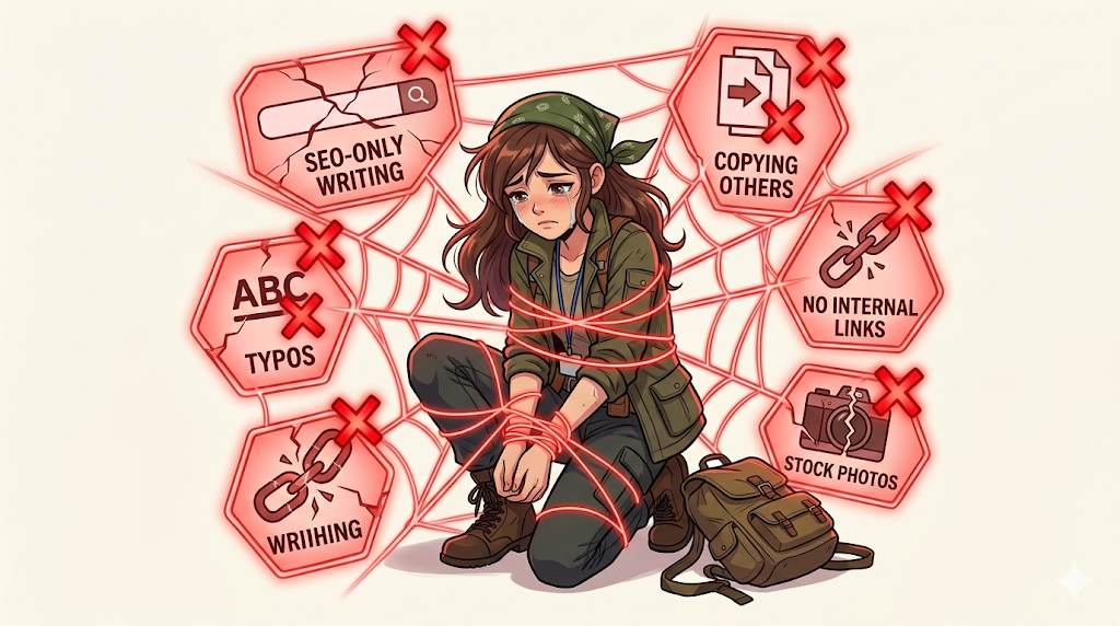 Anime style sad blogger with warning icons – common low‑quality content traps