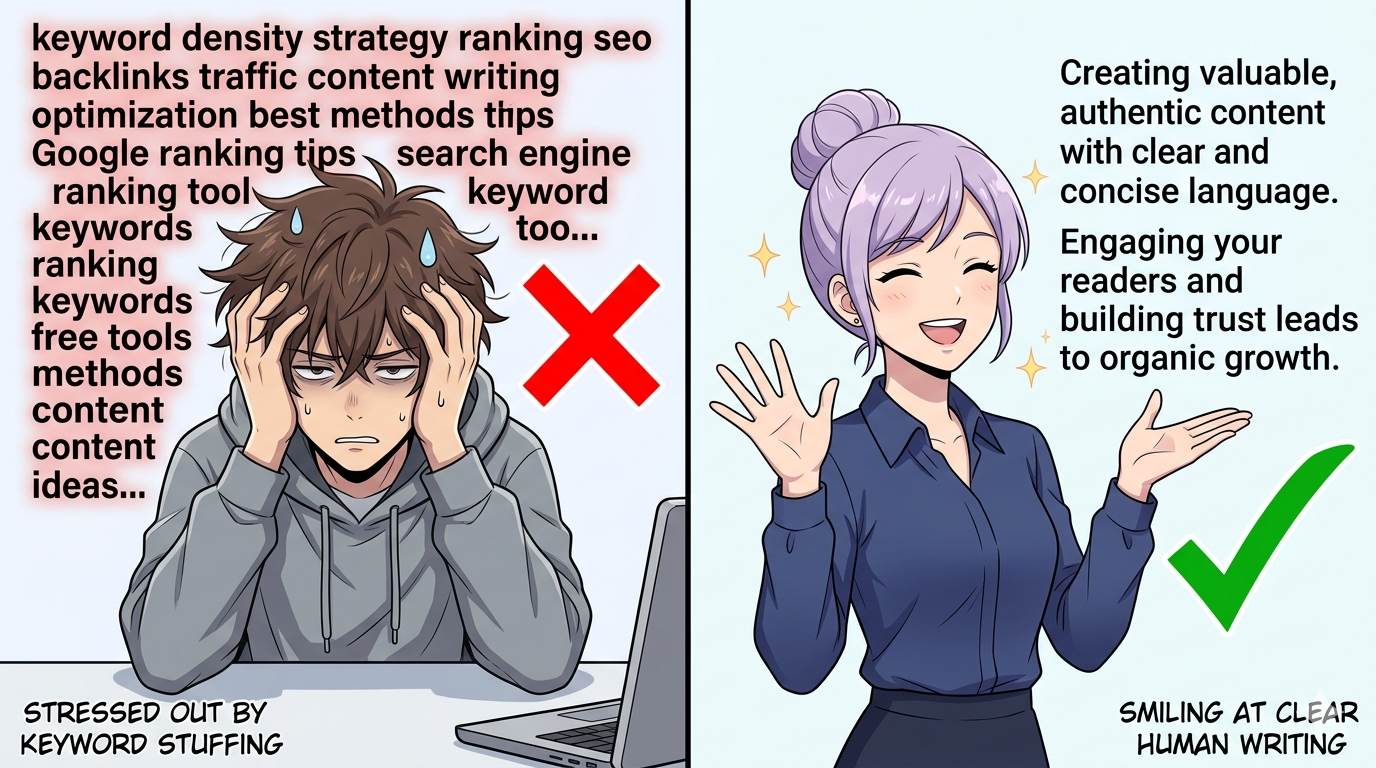 Anime style comparison – bad keyword‑stuffed meta description vs good human‑friendly one