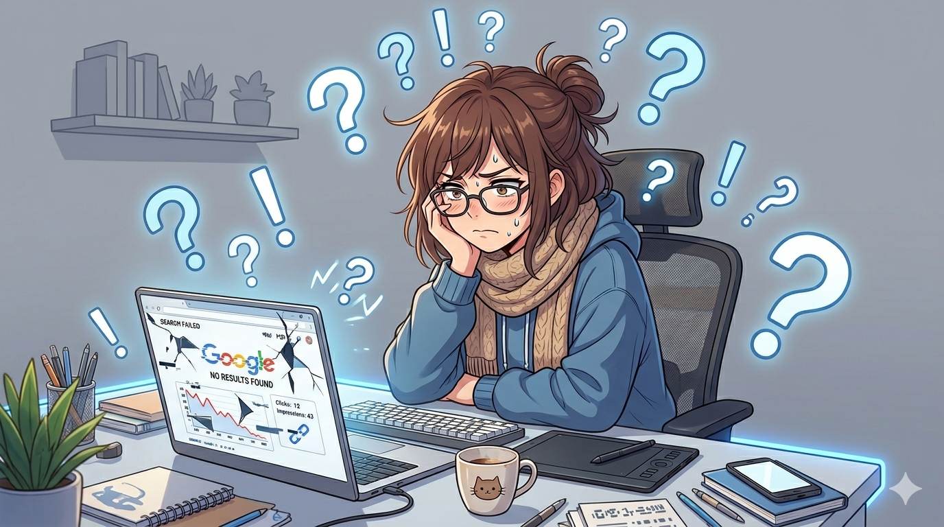 Anime style confused blogger with floating question marks and low click results – meta tag confusion