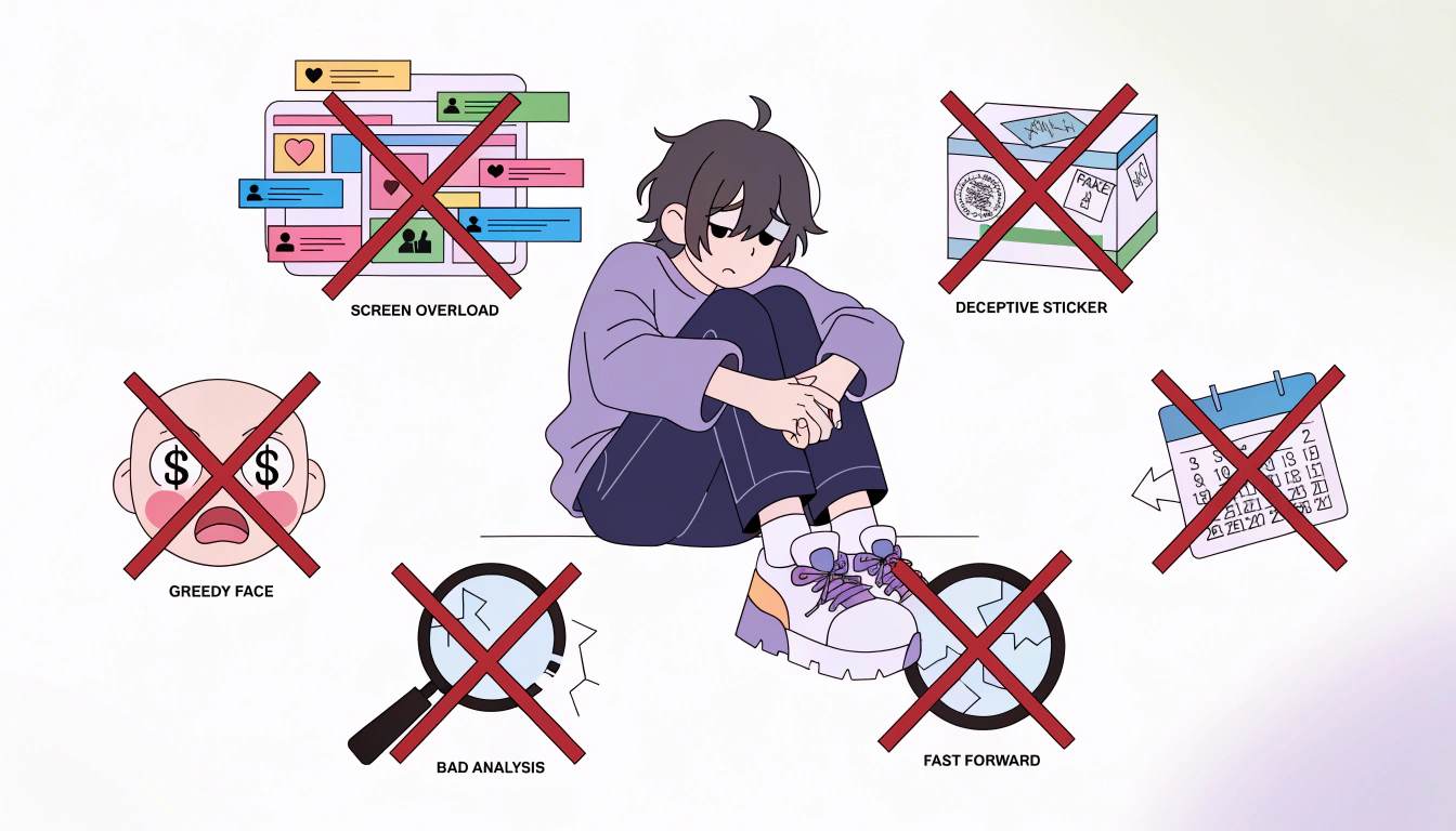 Anime sad blogger surrounded by warning icons – common blog monetization mistakes