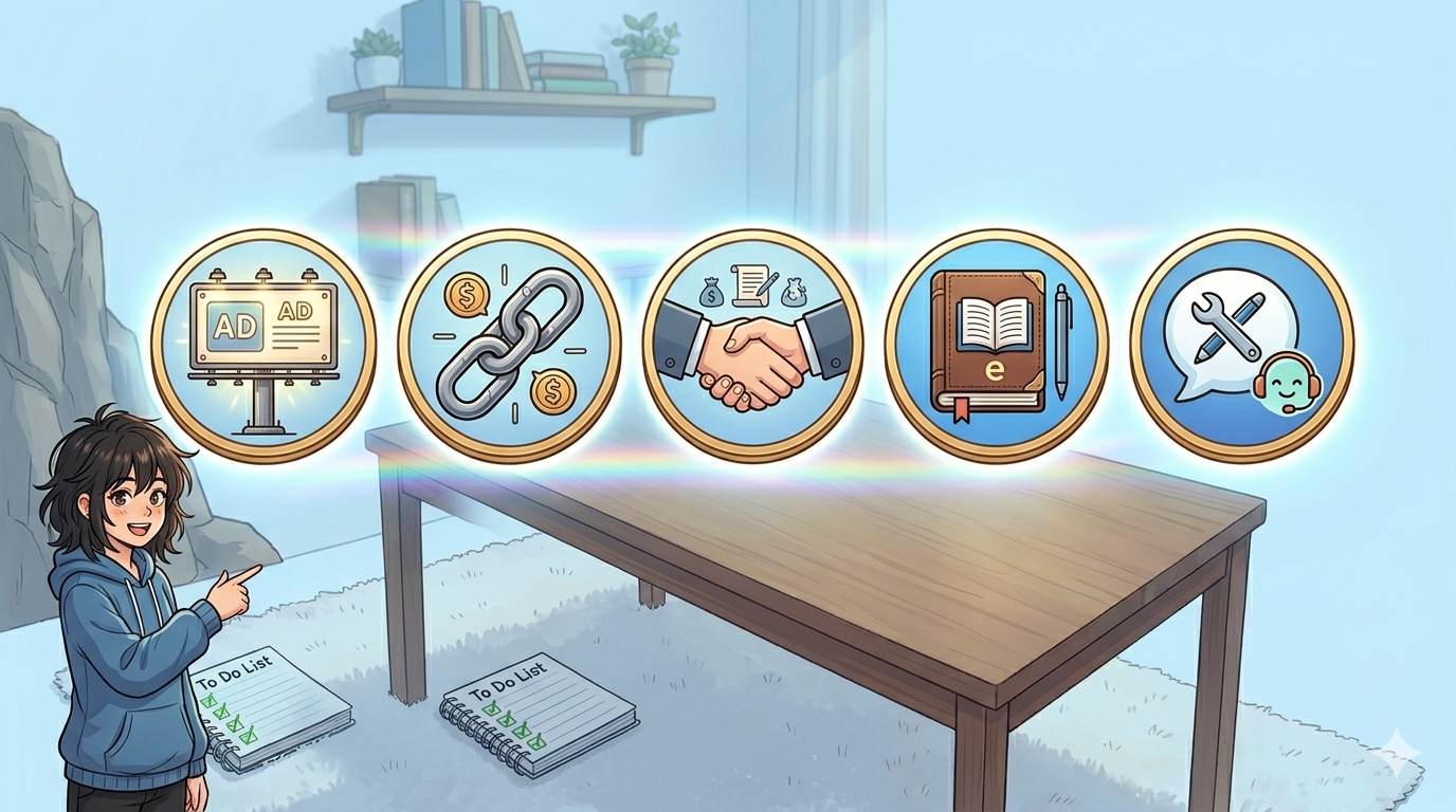 Five flat icons: ads, affiliate, sponsored, digital products, services – blog monetization methods