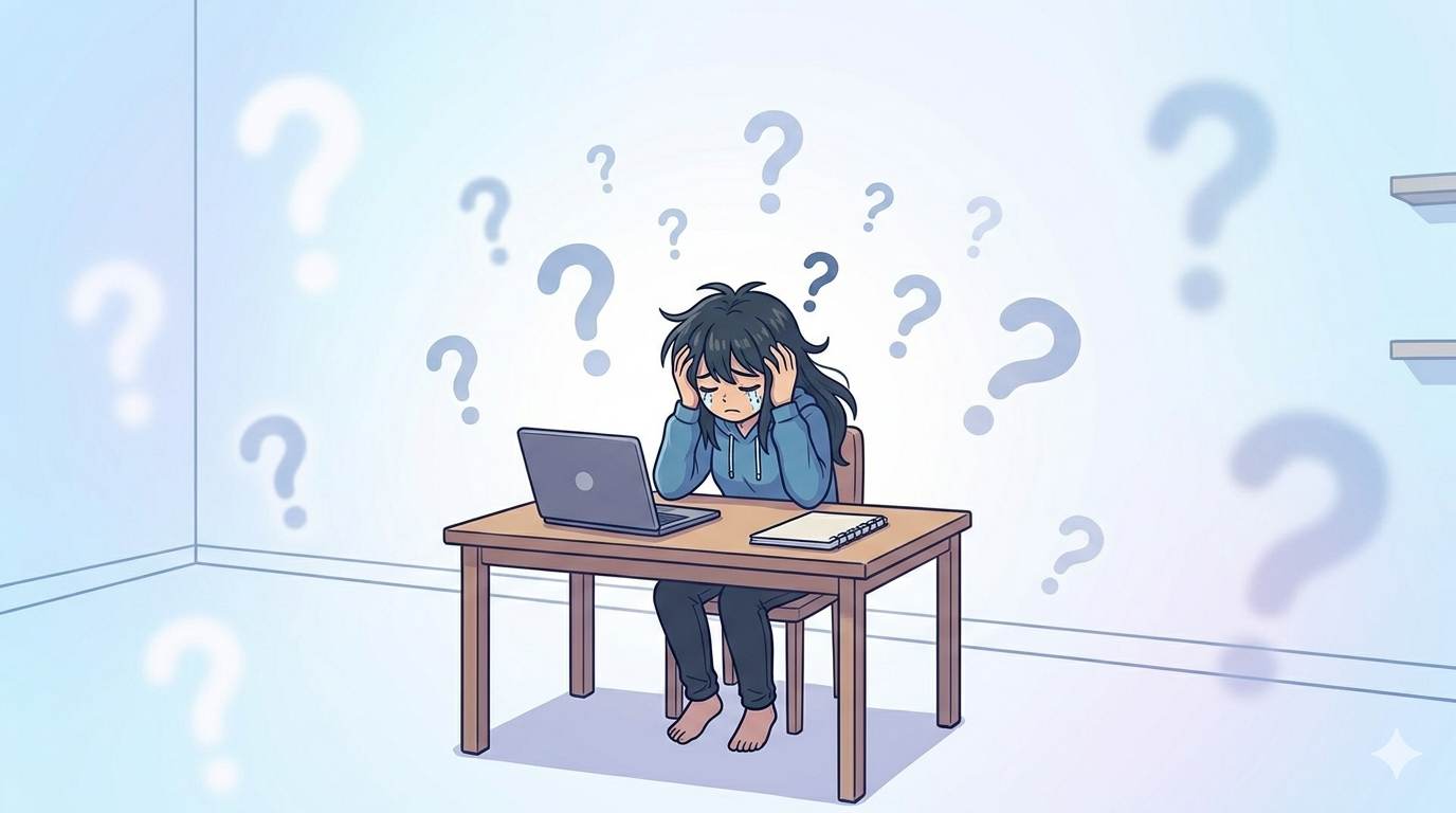 Anime style overwhelmed beginner blogger surrounded by question marks – tips for new bloggers