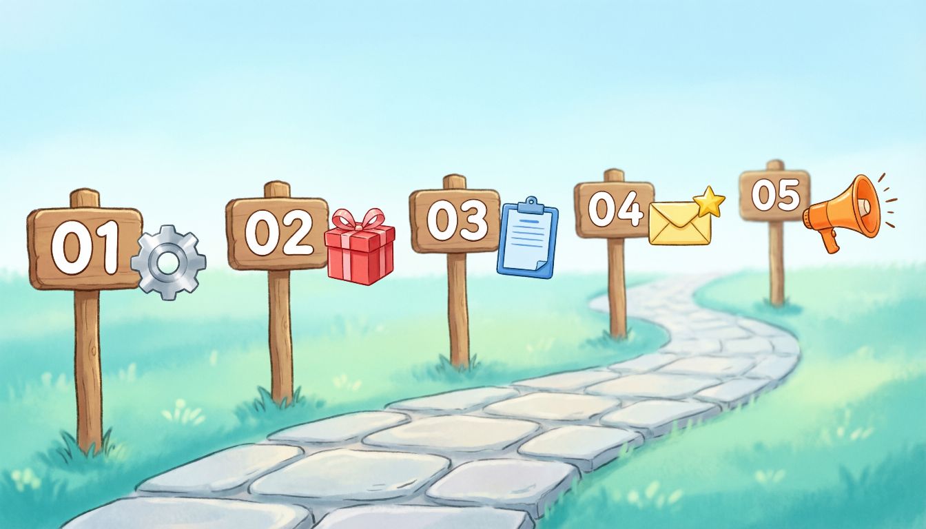 Anime style 5 steps to start email marketing newsletter – pick tool, lead magnet, form, welcome email, broadcast