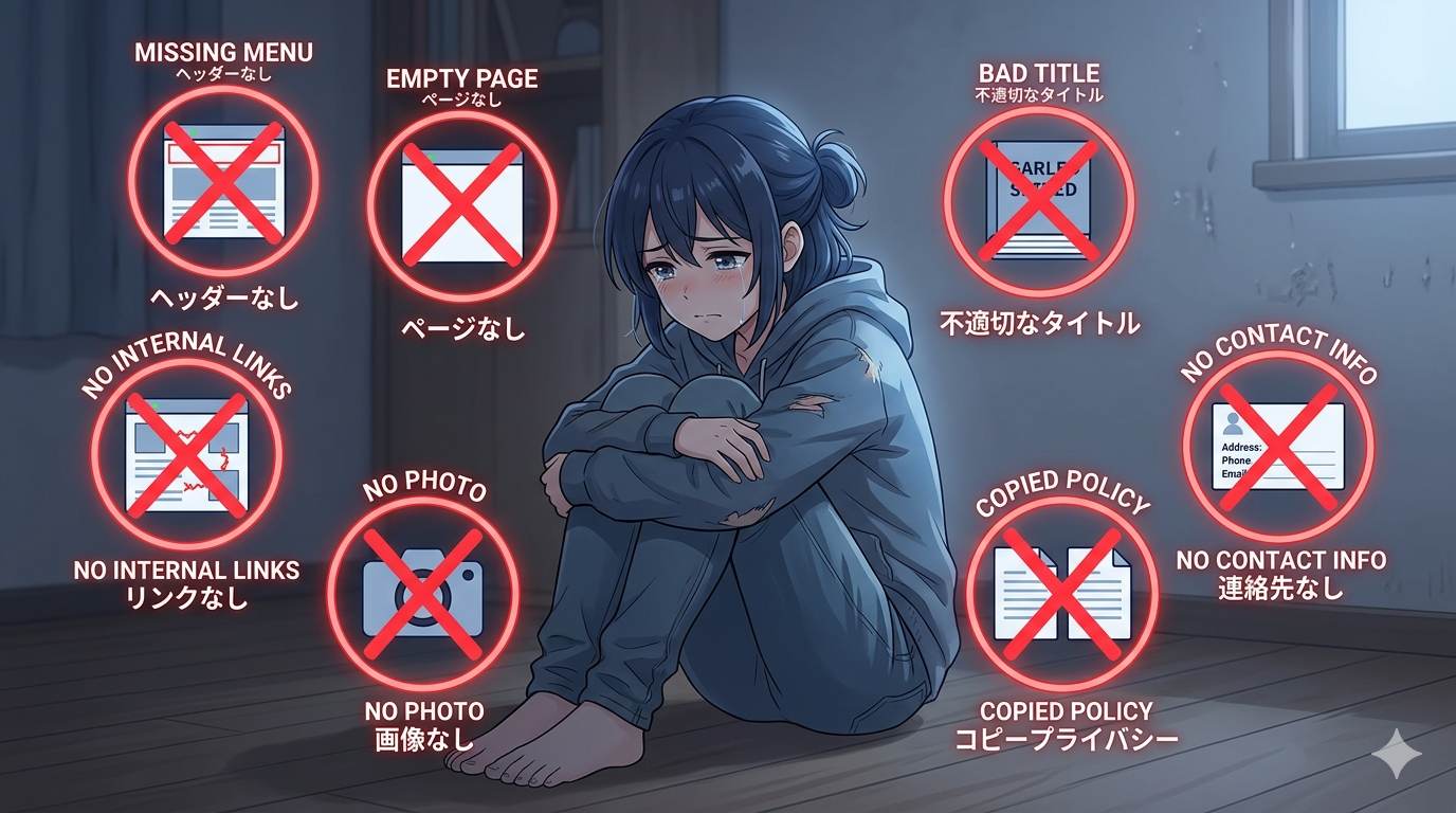 Anime style deadly page mistakes – missing menu, empty page, bad title, no contact, copied policy, no photo, no internal links