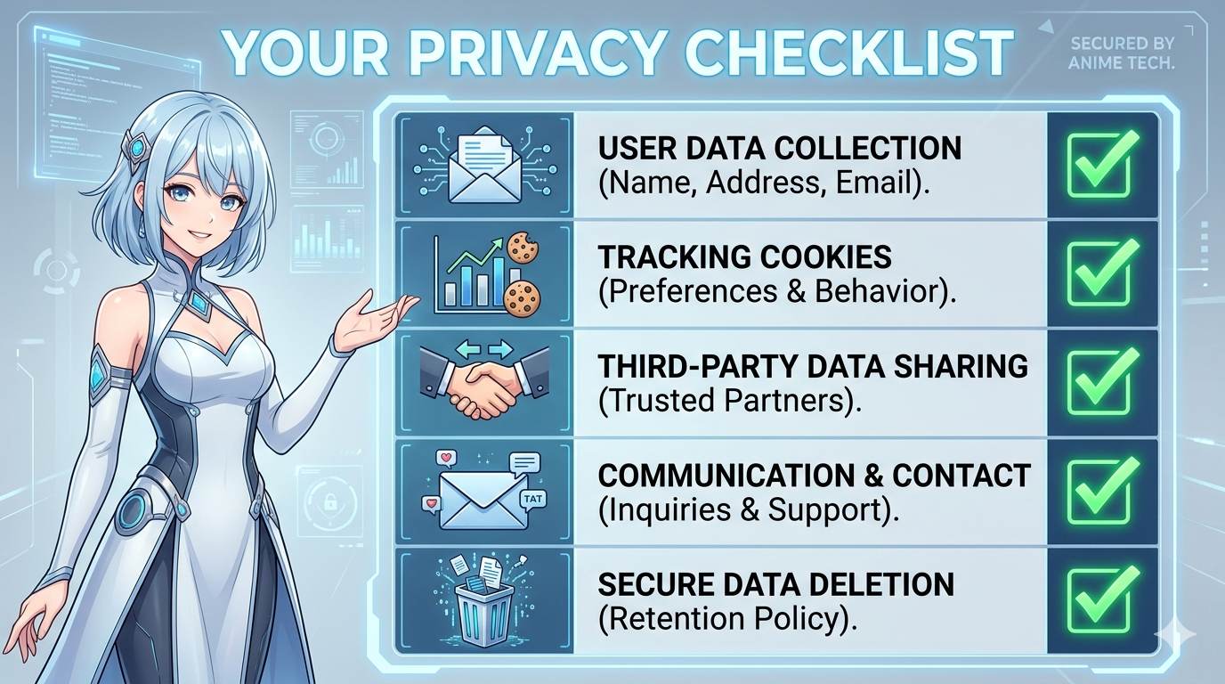 Anime style checklist with 5 icons – what to include in a privacy policy page
