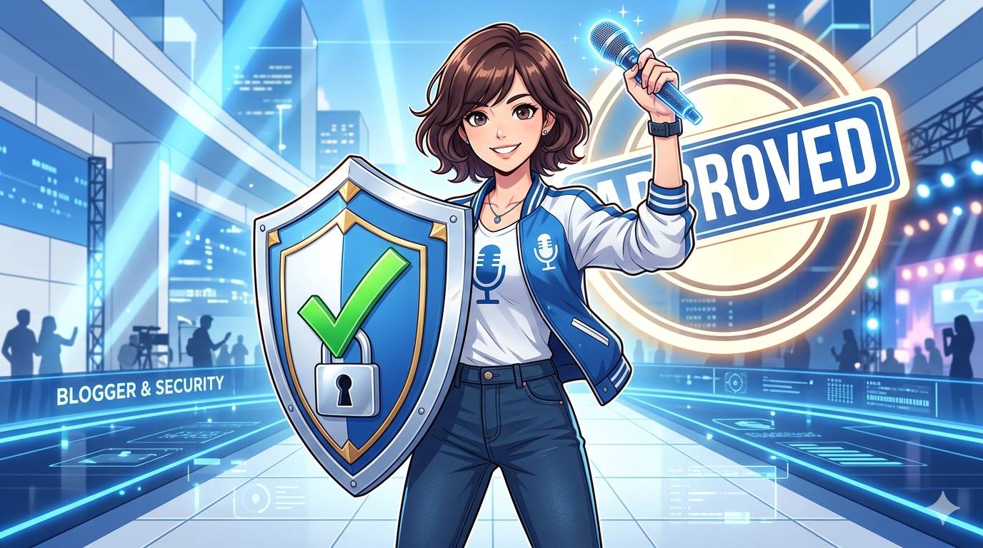 Anime style confident blogger with shield and approval stamp – privacy policy page for AdSense approval