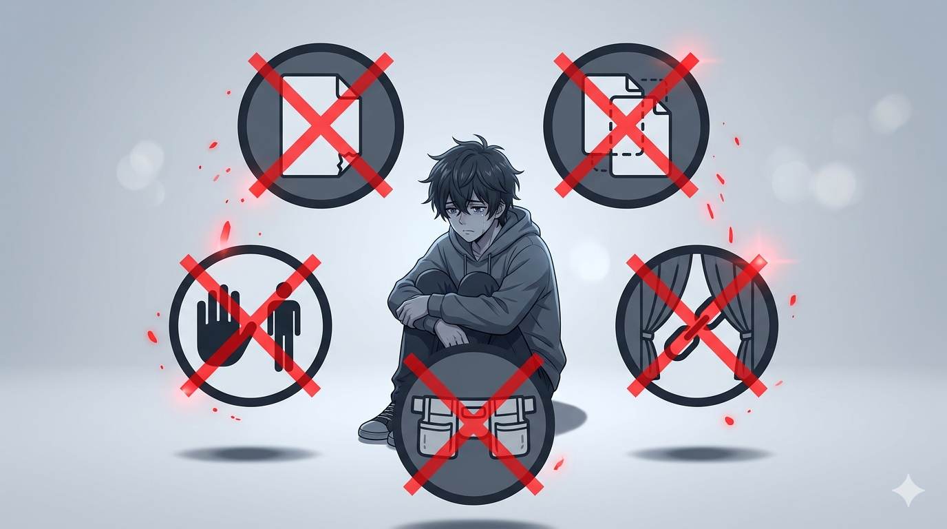 Anime style sad blogger with warning icons – common privacy policy mistakes to avoid