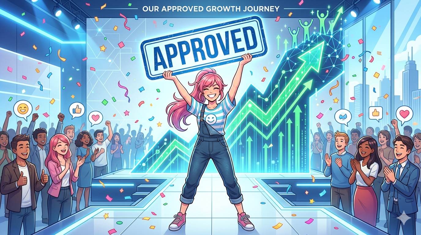Anime happy blogger celebrating AdSense approval – success after adding privacy policy page