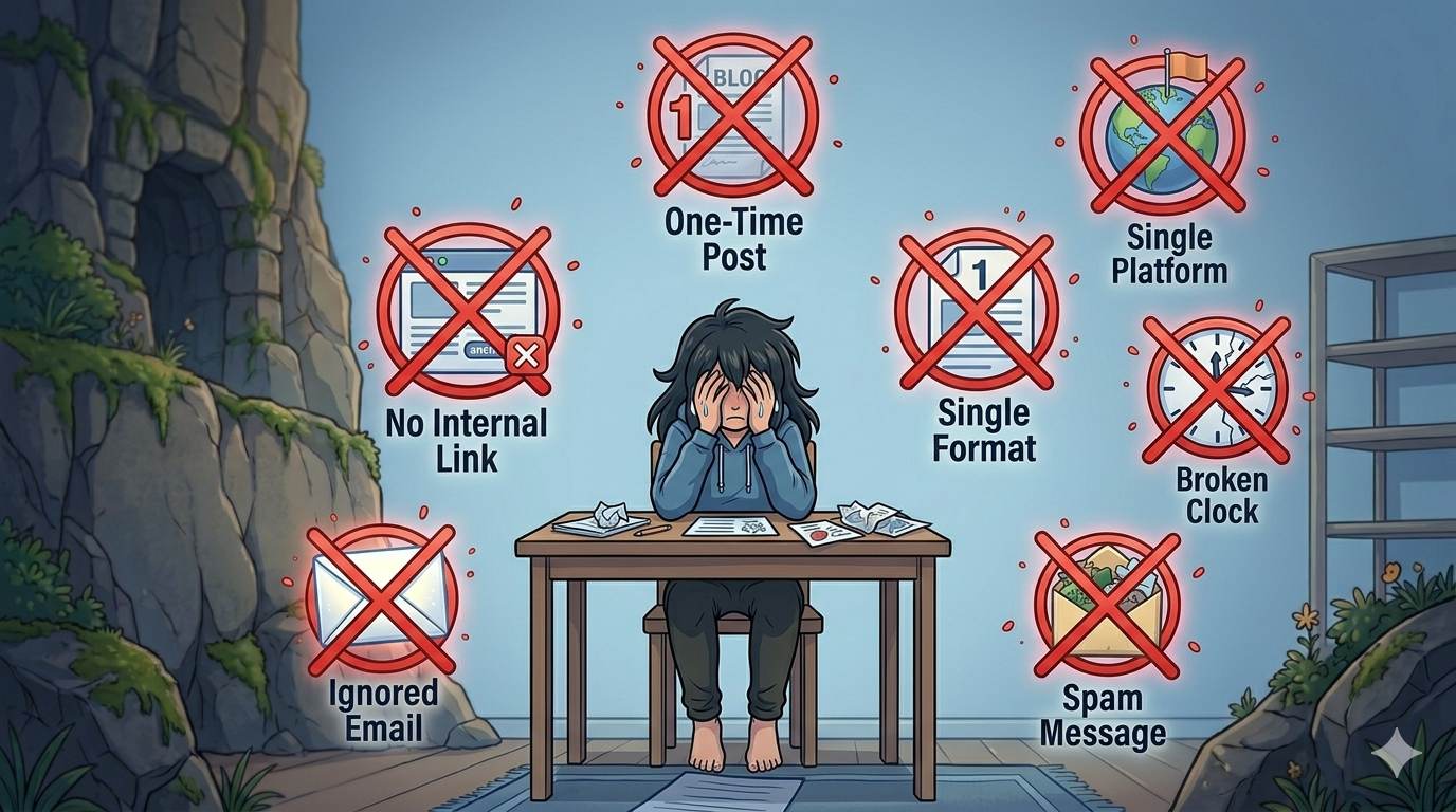 Anime sad blogger surrounded by warning icons – common content promotion mistakes