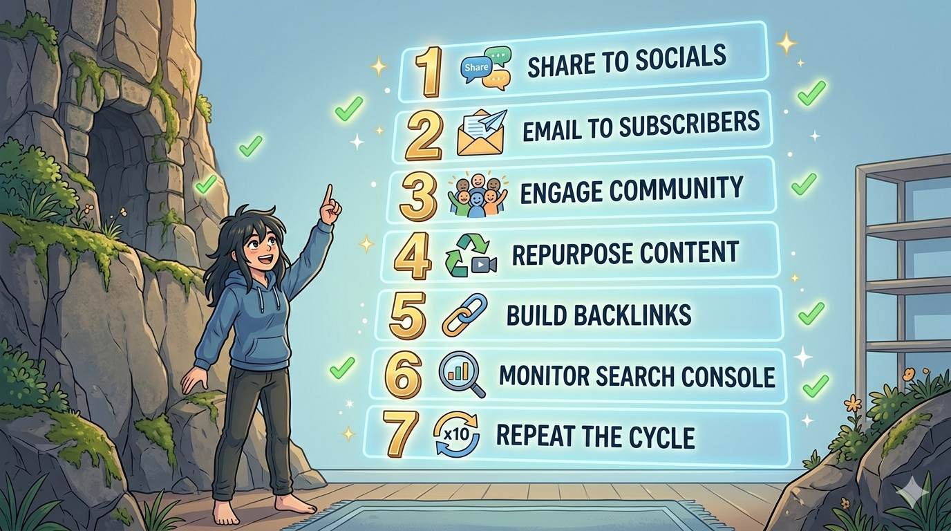 Anime style 7‑step list with icons – content promotion system for beginners