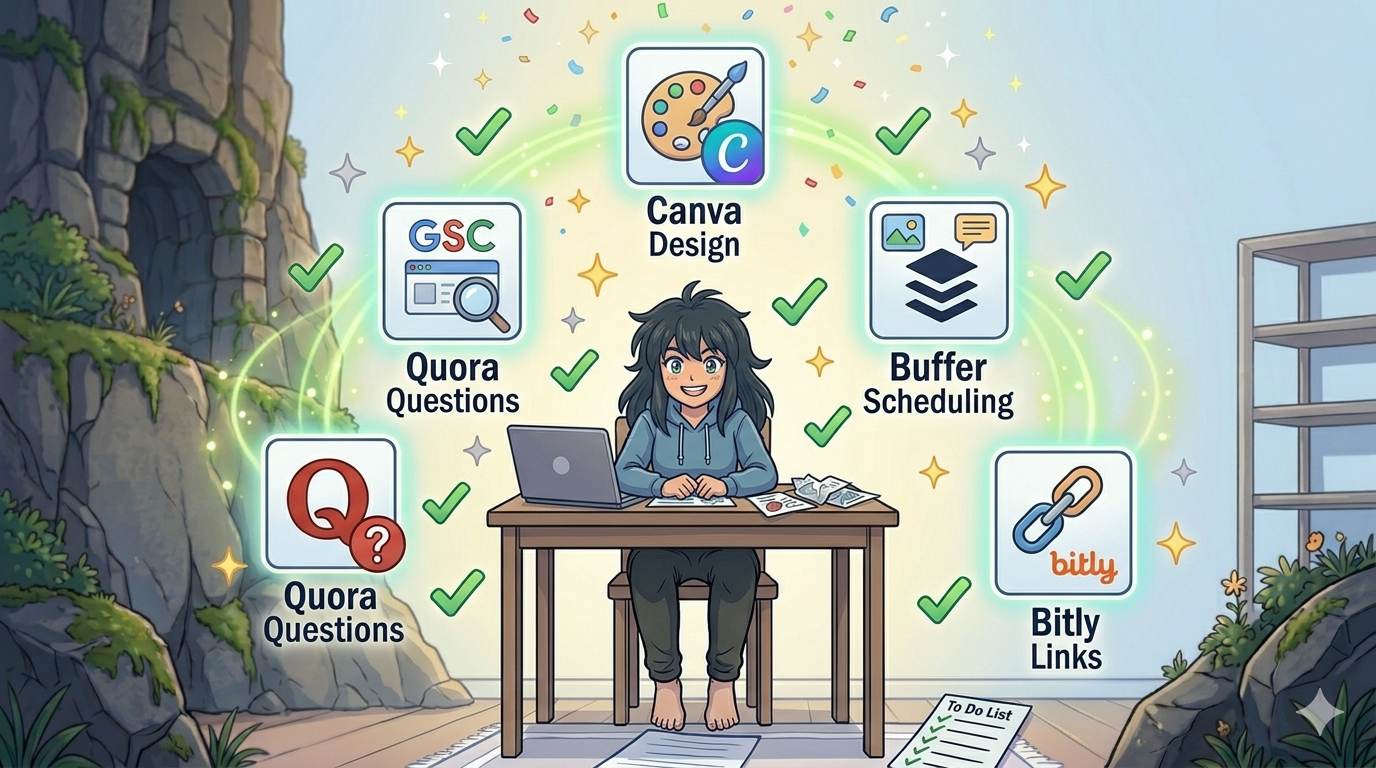 Anime style blogger with floating free tool icons – content promotion tools for beginners