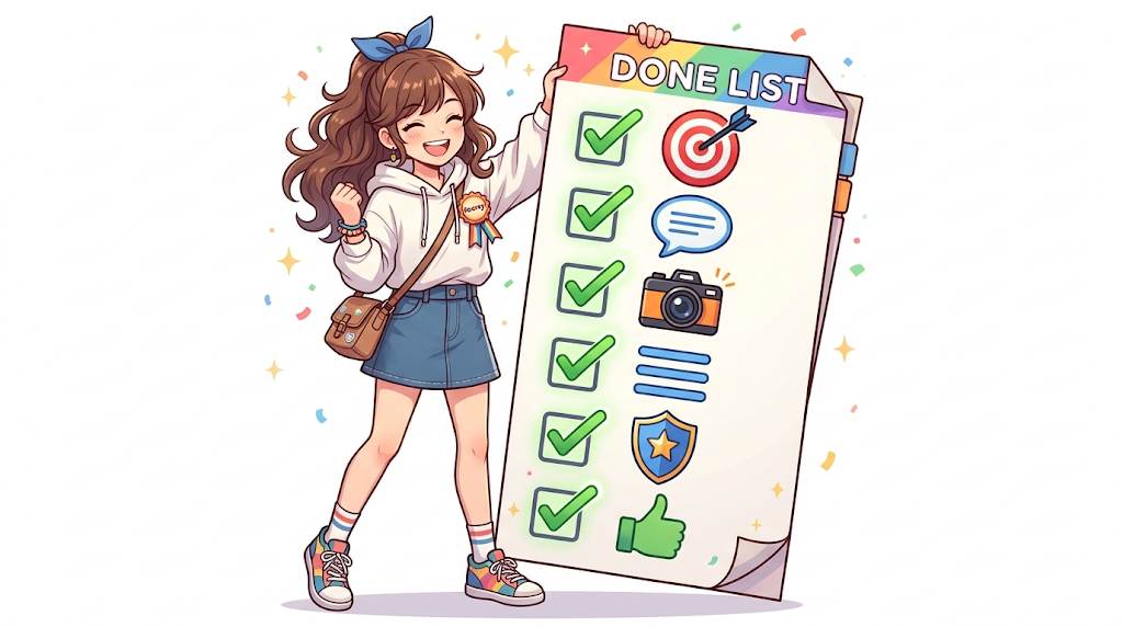 Anime style checklist with 6 green checkmarks for high quality content signs
