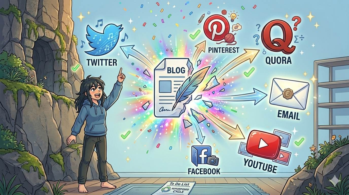 Anime style blog post transforming into multiple content formats – content repurposing for promotion
