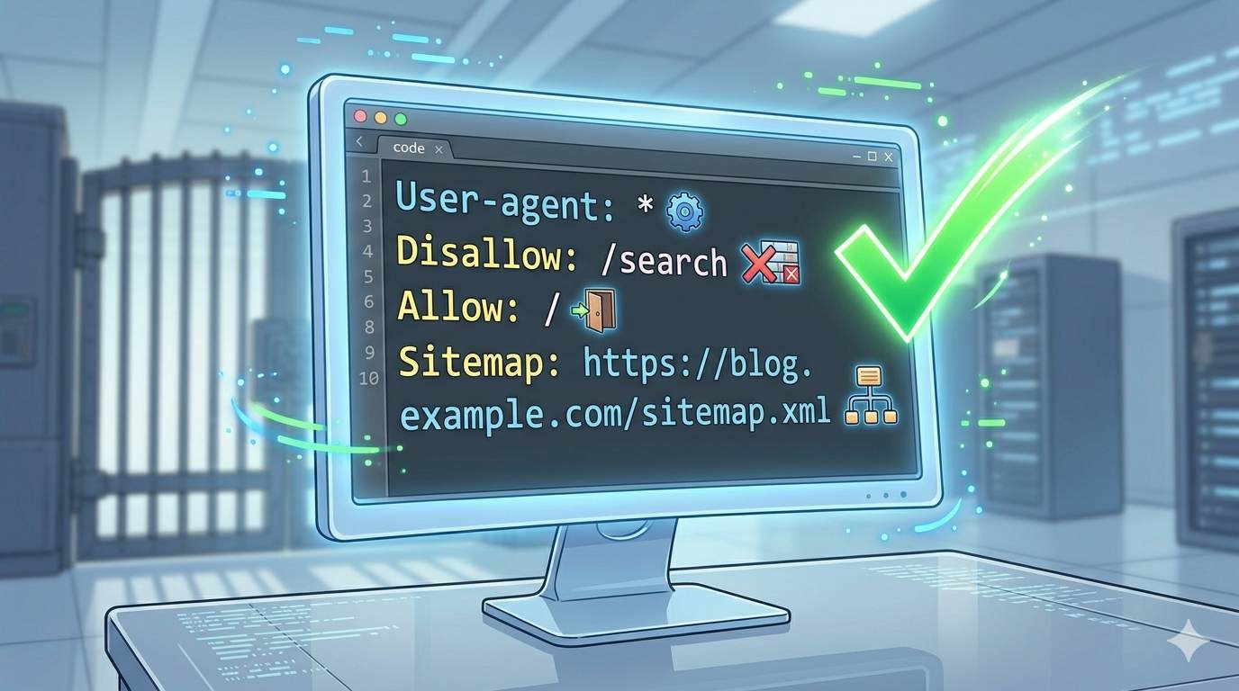 Anime style computer screen with safe robots.txt code – copy-paste for Blogger