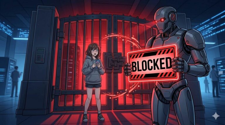 Anime style worried blogger with robot holding BLOCKED sign – robots.txt dangerous mistake