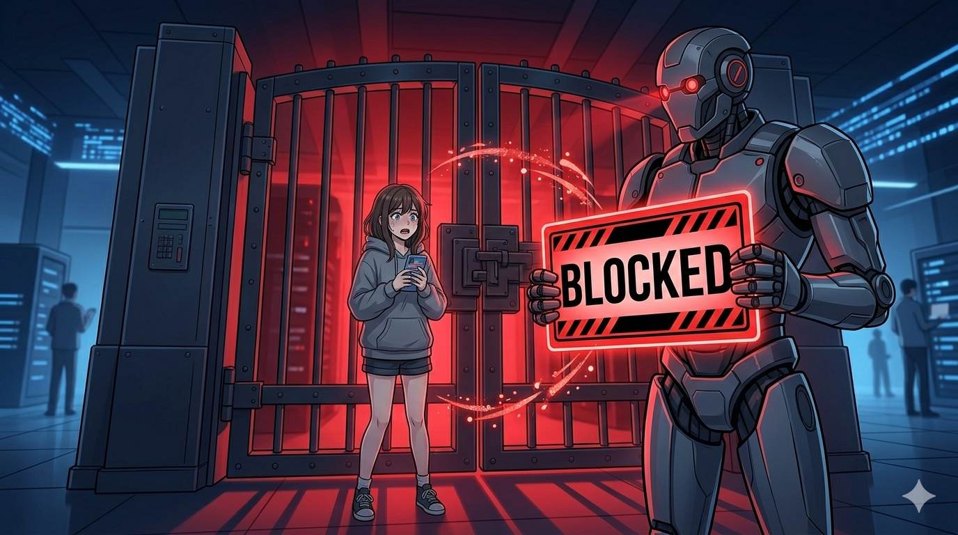 Anime style worried blogger with robot holding BLOCKED sign – robots.txt dangerous mistake