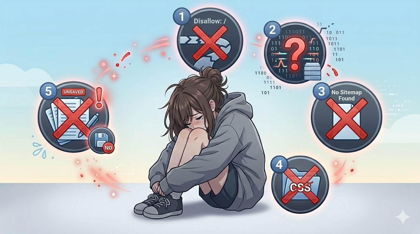 Anime style sad blogger with warning icons – deadly robots.txt mistakes to avoid