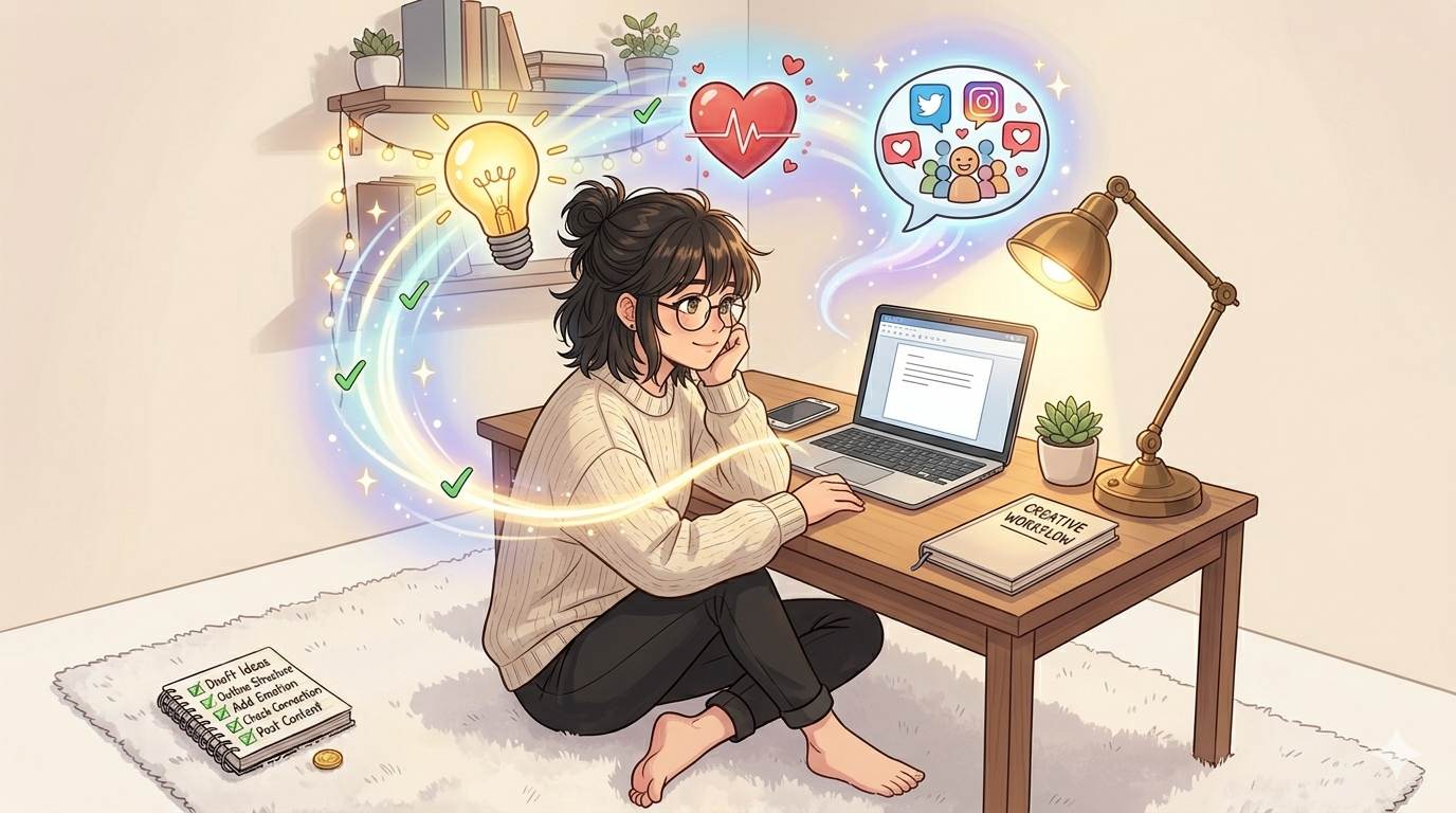 Anime style blogger creating content with lightbulb and heart – creating simple social media content