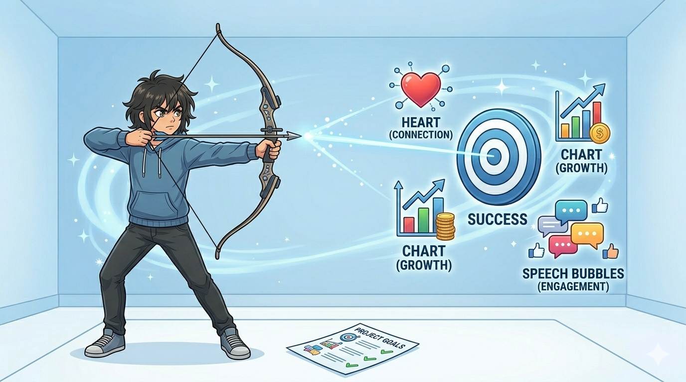 Anime style target board with connection, growth, and engagement icons – what is social media mastery