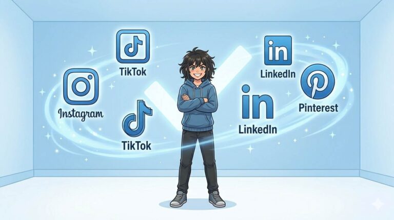 Anime style confident person with floating social media icons – social media mastery