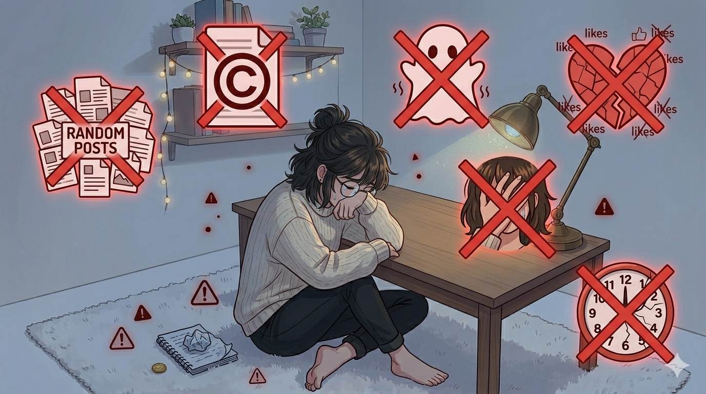 Anime sad blogger with warning icons – common social media mistakes to avoid