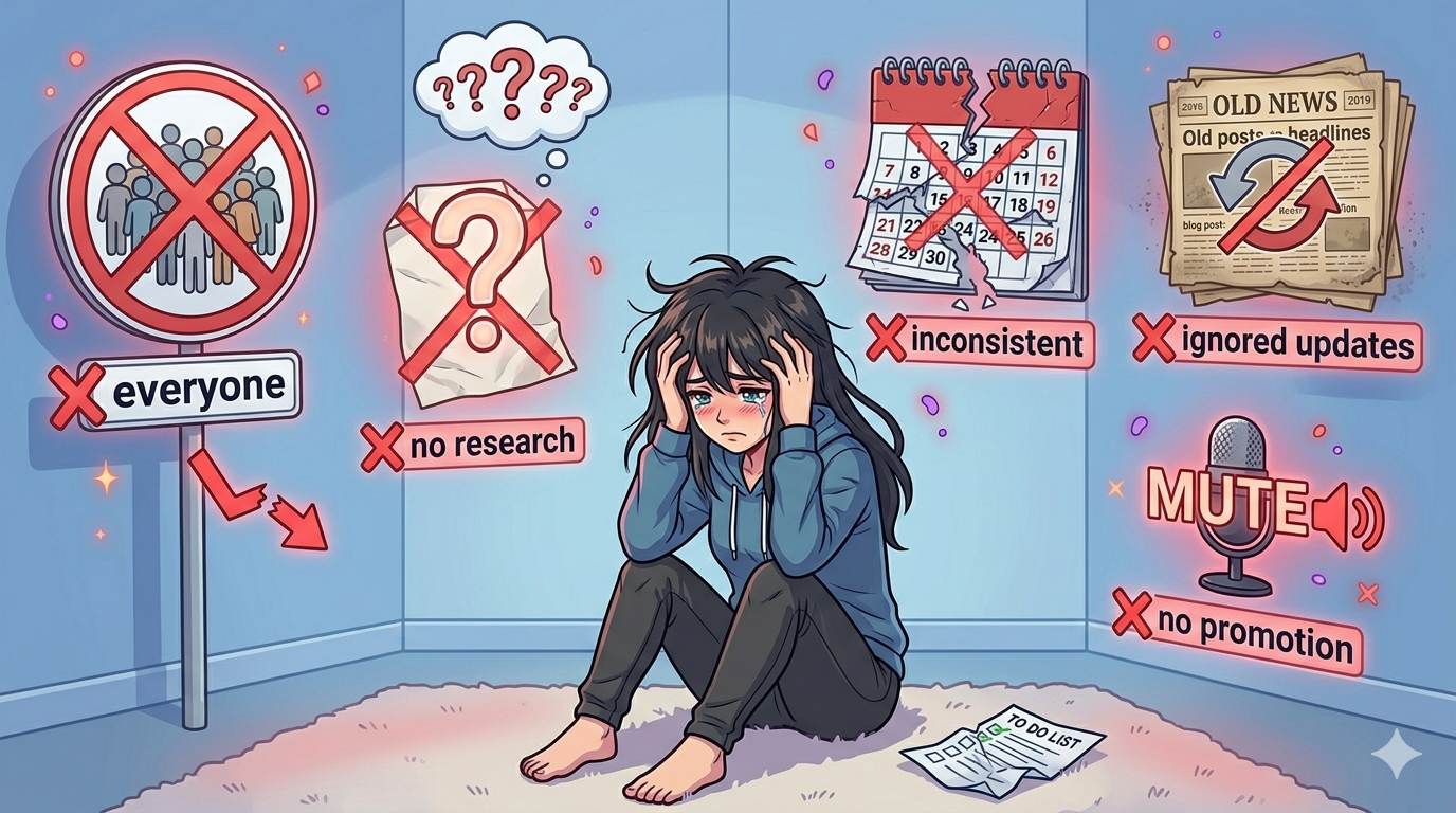 Anime sad blogger surrounded by warning icons β common blog content strategy mistakes